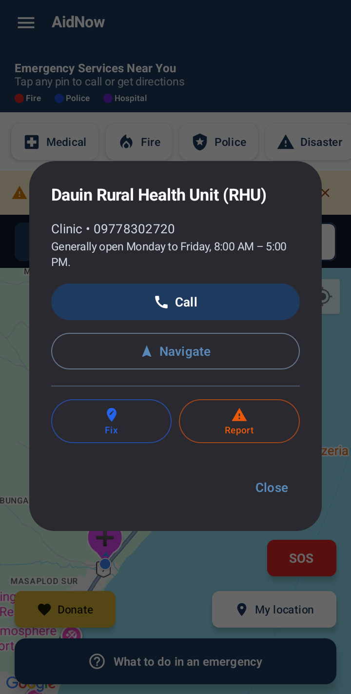 AidNow contact card for a rural health unit with call and navigate buttons