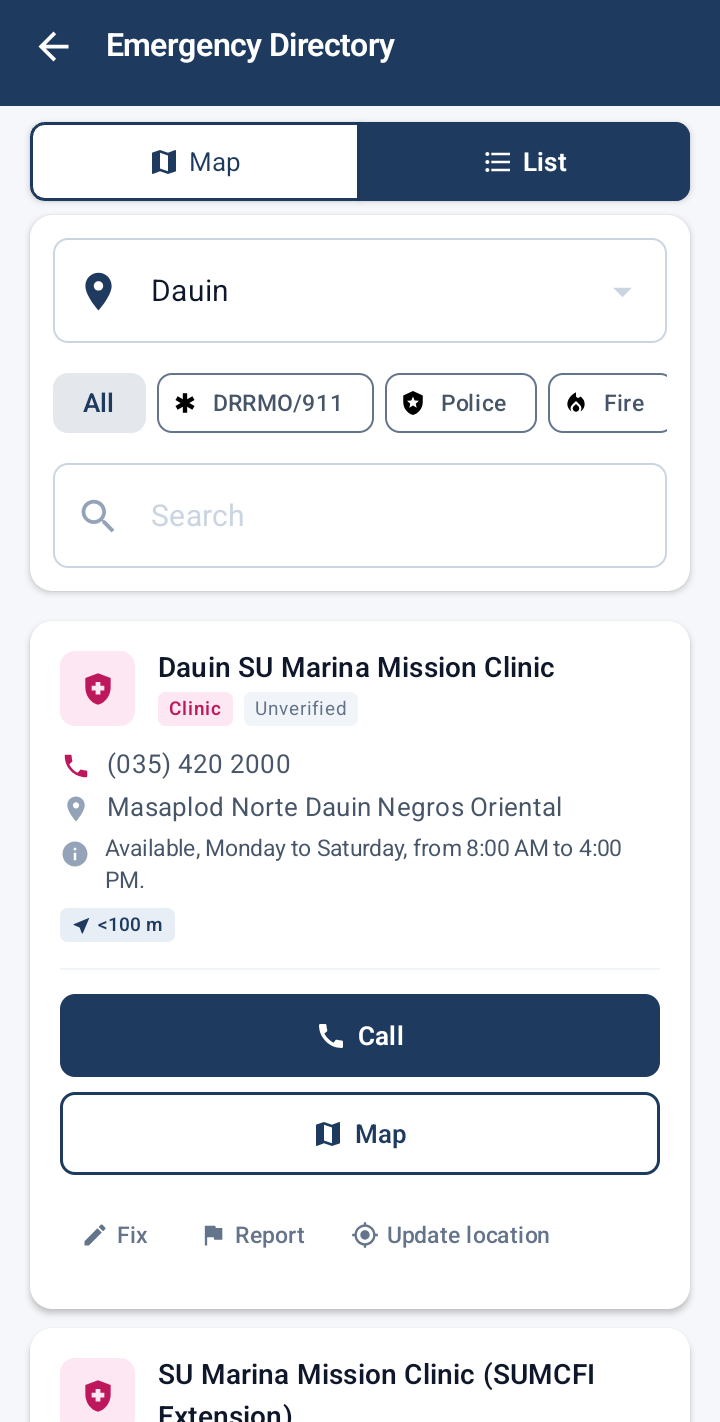 AidNow directory list filtered to Dauin with a search box and service filters