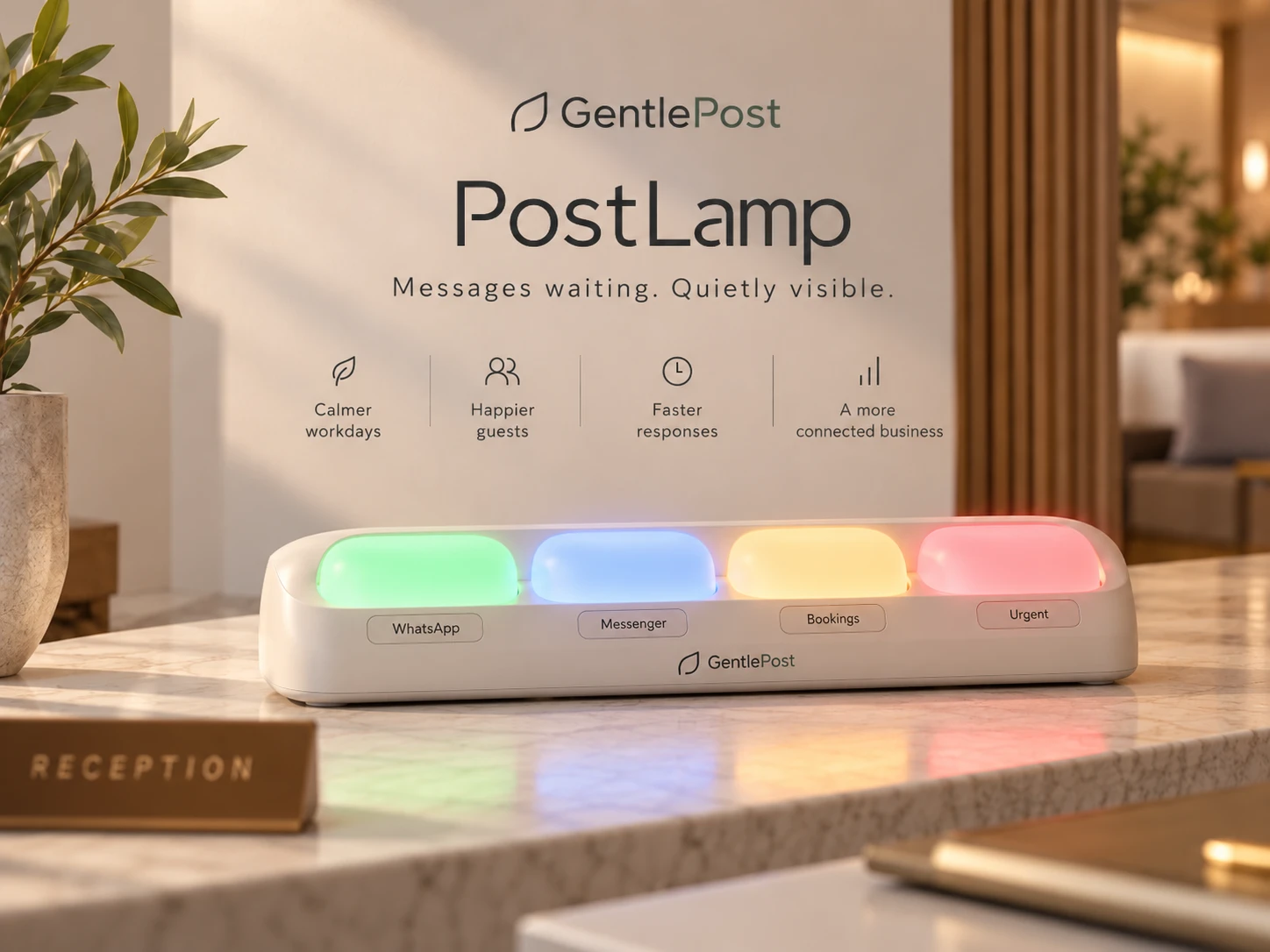 Concept render of the PostLamp4 on a reception counter: a white desk unit with four rounded lights glowing green, blue, amber and red above labels reading WhatsApp, Messenger, Bookings and Urgent.
